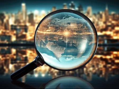 A magnifying glass and a map of the world. The world through a magnifying glass.の素材