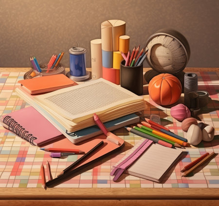A notebook, a notebook along with school supplies. School supplies.の素材