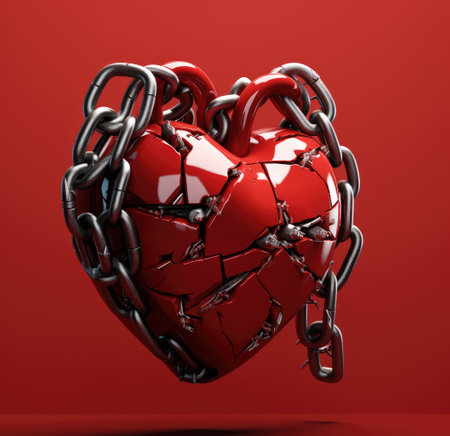 A broken heart in chains. A broken heart. A glued heartの素材