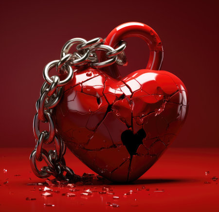 A broken heart in chains. A broken heart. A glued heartの素材