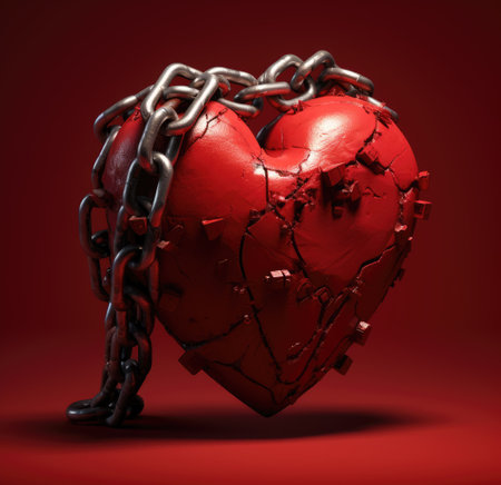 A broken heart in chains. A broken heart. A glued heartの素材