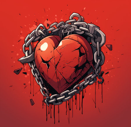 A broken heart in chains. A broken heart. A glued heartの素材