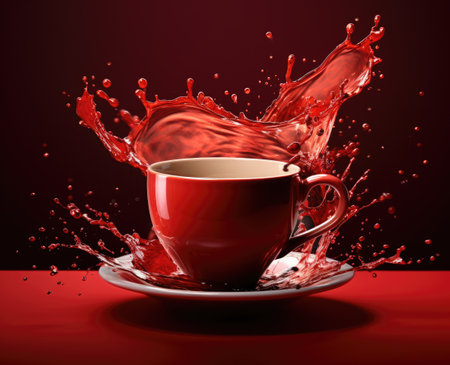 A red cup with liquid splashing. Drink splash in a cupの素材