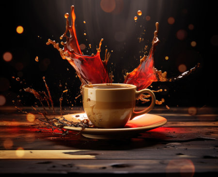 A red cup with liquid splashing. Drink splash in a cupの素材