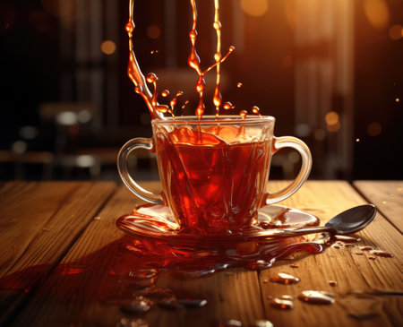 A red cup with liquid splashing. Drink splash in a cupの素材