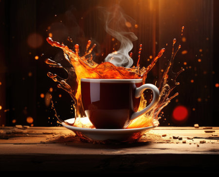A red cup with liquid splashing. Drink splash in a cupの素材