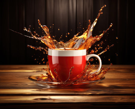 A red cup with liquid splashing. Drink splash in a cupの素材