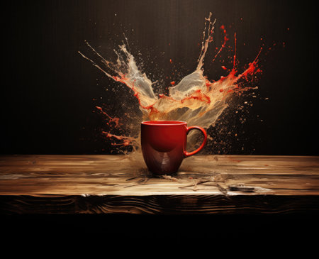 A red cup with liquid splashing. Drink splash in a cupの素材