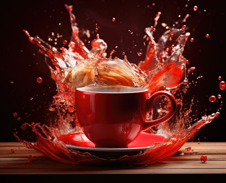 A red cup with liquid splashing. Drink splash in a cupの素材