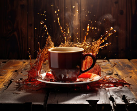 A red cup with liquid splashing. Drink splash in a cupの素材