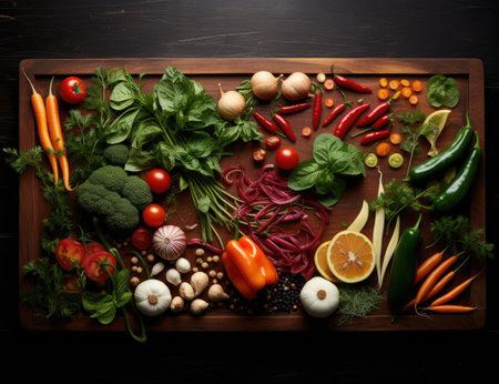 Fresh vegetables on a wooden board. Vegetables on a boardの素材