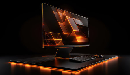 Laptop. Technology Laptop. Laptop against dark background.の素材