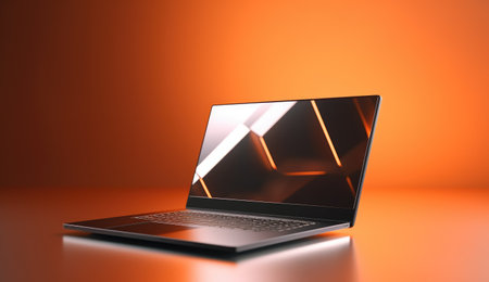 Laptop. Technology Laptop. Laptop against dark background.の素材