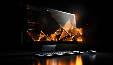 Laptop. Technology Laptop. Laptop against dark background.の素材