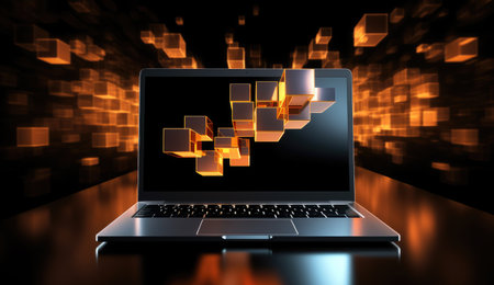 Laptop. Technology Laptop. Laptop against dark background.の素材