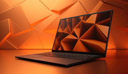 Laptop. Technology Laptop. Laptop against dark background.の素材