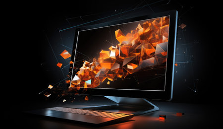 Laptop. Technology Laptop. Laptop against dark background.の素材