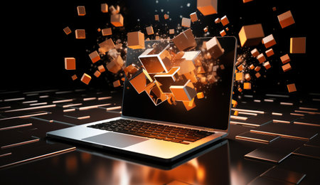 Laptop. Technology Laptop. Laptop against dark background.の素材