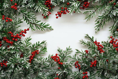fir branches with green and red berriesの素材