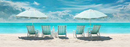 beach scene of chairs under an umbrella in the sandの素材