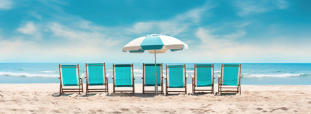 beach scene of chairs under an umbrella in the sandの素材