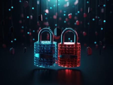 padlocks in front of digital codes. Cybersecurity. Locks. Keys.の素材