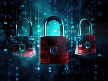 padlocks in front of digital codes. Cybersecurity. Locks. Keys.の素材