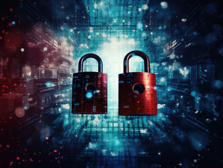 padlocks in front of digital codes. Cybersecurity. Locks. Keys.の素材