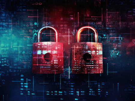 padlocks in front of digital codes. Cybersecurity. Locks. Keys.の素材