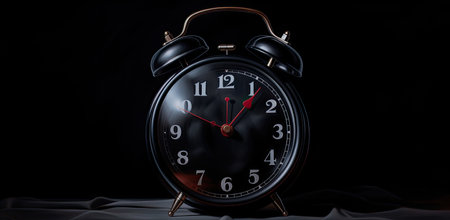Black round old alarm clock on black backgroundの素材