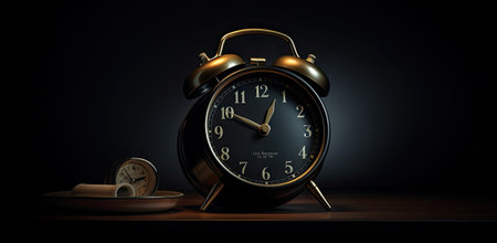 Black round old alarm clock on black backgroundの素材