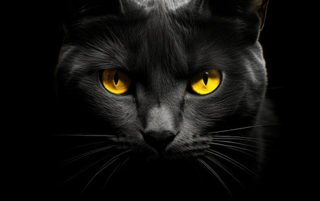 The muzzle of a black cat with yellow eyes. The face of a cat.の素材