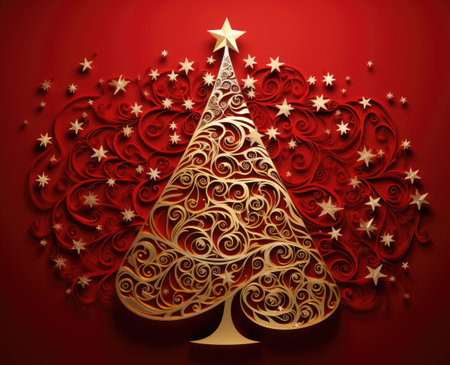 Golden Christmas tree on white and black background . New Year card with a Christmas tree. Christmas.の素材