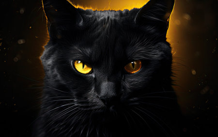 The muzzle of a black cat with yellow eyes. The face of a cat.の素材