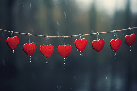 red hearts hanging from clotheslineの素材