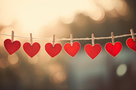 red hearts hanging from clotheslineの素材