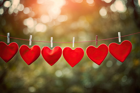 red hearts hanging from clotheslineの素材
