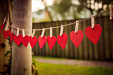 red hearts hanging from clotheslineの素材