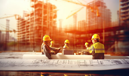 building construction blueprints and hard hatの素材