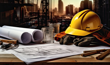 building construction blueprints and hard hatの素材