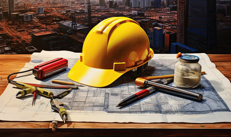 building construction blueprints and hard hatの素材