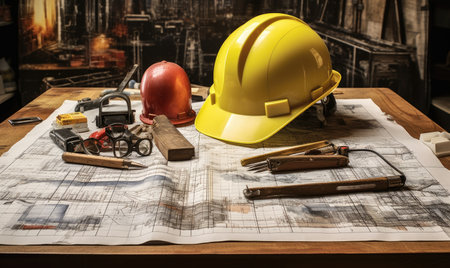 building construction blueprints and hard hatの素材