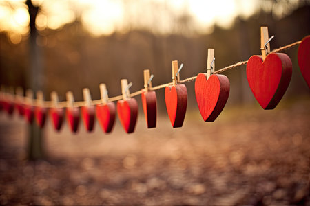 red hearts hanging from clotheslineの素材