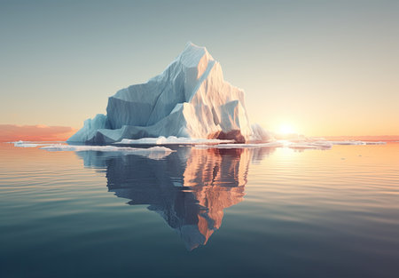 an iceberg floating along with water under a sunの素材