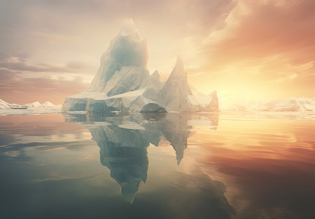 an iceberg floating along with water under a sunの素材