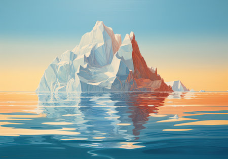 an iceberg floating along with water under a sunの素材