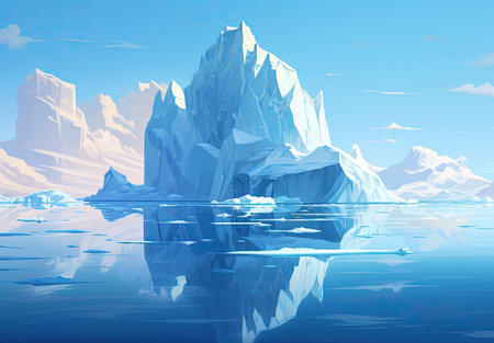 an iceberg floating along with water under a sunの素材