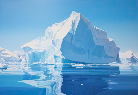 an iceberg floating along with water under a sunの素材