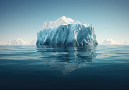 an iceberg floating along with water under a sunの素材
