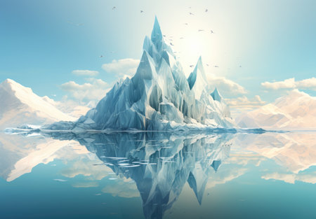 an iceberg floating along with water under a sunの素材